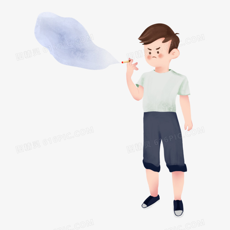 手绘卡通男人吸烟场景元素