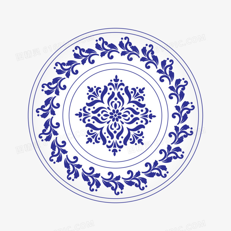 矢量手绘青中式花瓷圆盘元素