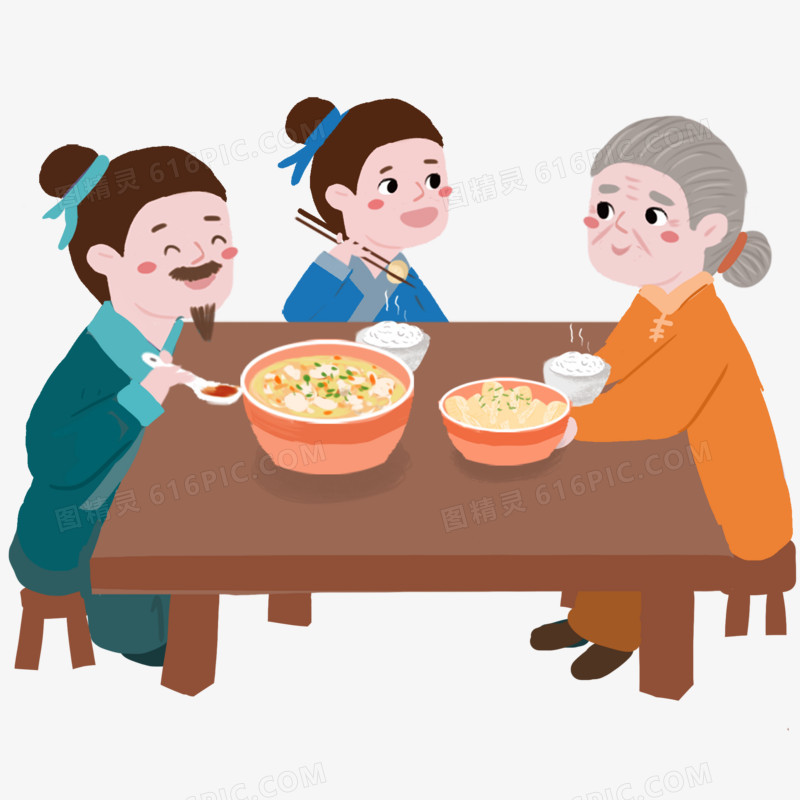 卡通手绘古代一家人一起吃饭免抠元素