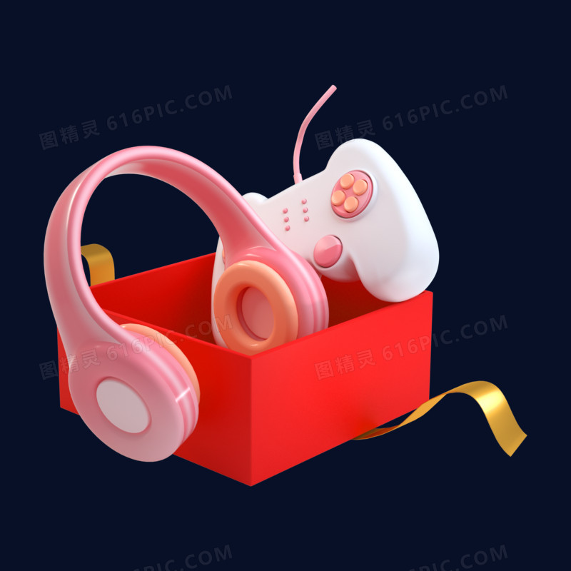 c4d红色电商耳机游戏机礼盒元素