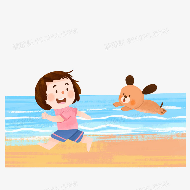 手绘可爱海边奔跑的女孩和宠物狗素材