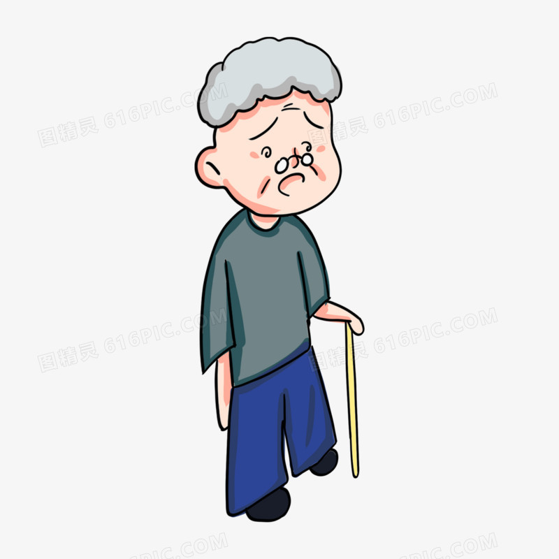 手绘卡通拄着拐杖的老人免抠元素