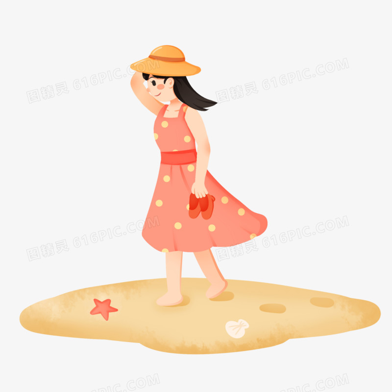 手绘卡通光脚的女孩在海边散步免抠素材