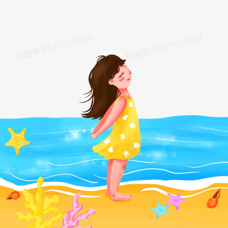 手绘光脚在海边散步的女孩免抠素材