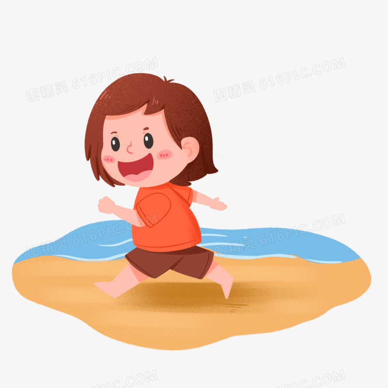 卡通小男孩光脚在沙滩上奔跑免抠元素