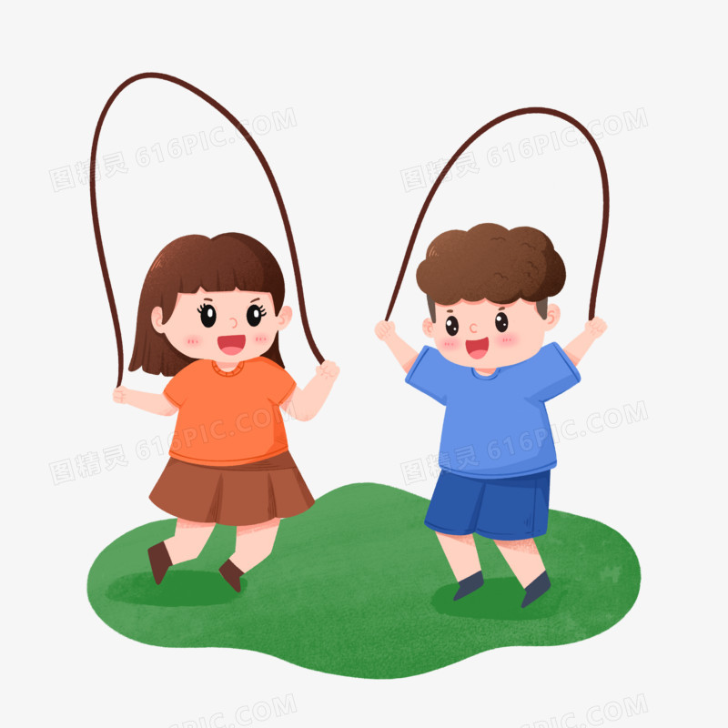 手绘两个小朋友在草地上比赛跳绳免抠元素