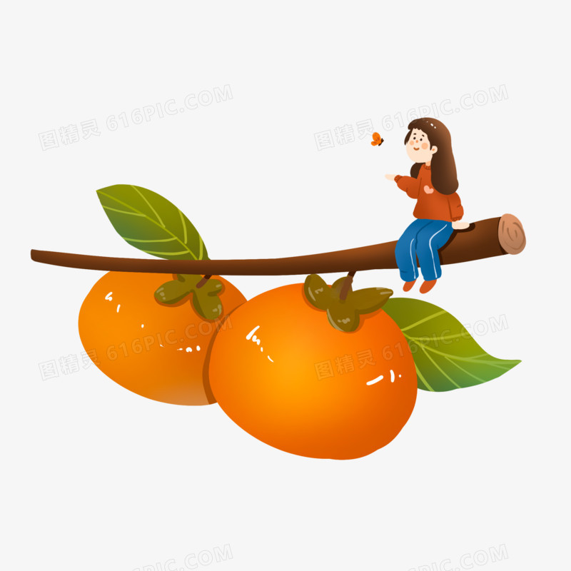 手绘女孩坐在柿子树上创意插画元素