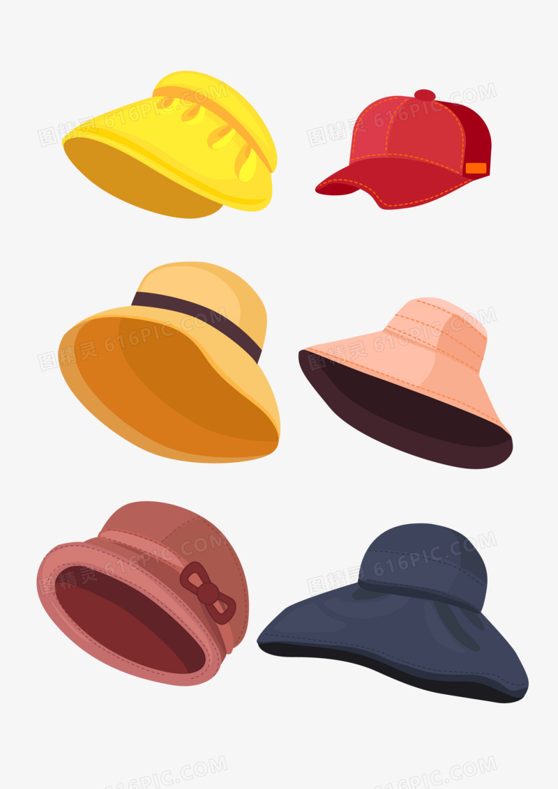 一组手绘礼帽太阳帽帽子套图合集素材