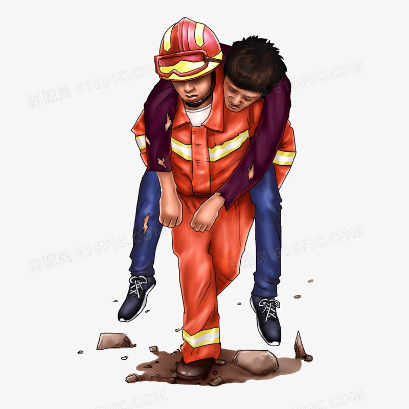 手绘写实消防员救人免抠元素