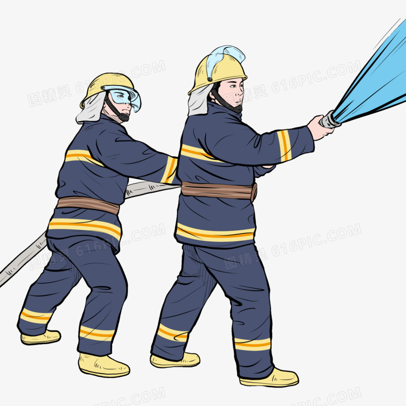 卡通手绘写实消防员拿水管灭火元素