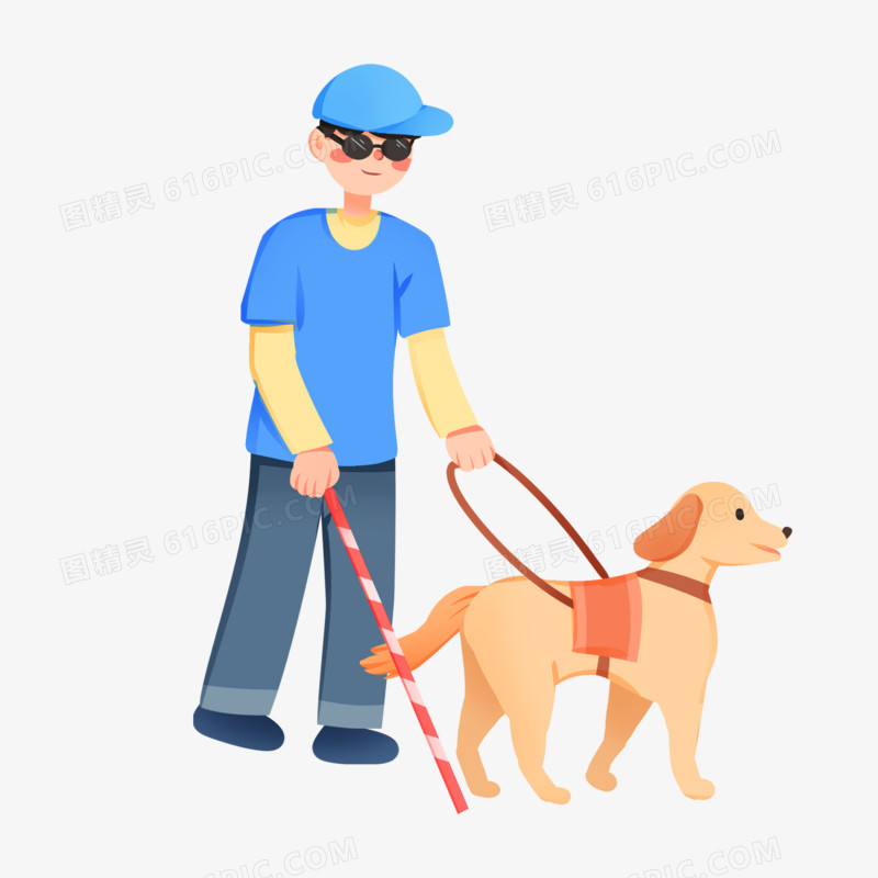 手绘卡通导盲犬帮助盲人走路免抠素材