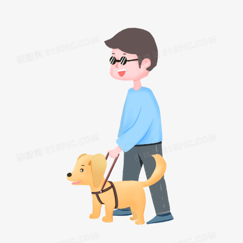 手绘卡通导盲犬帮助盲人走路素材