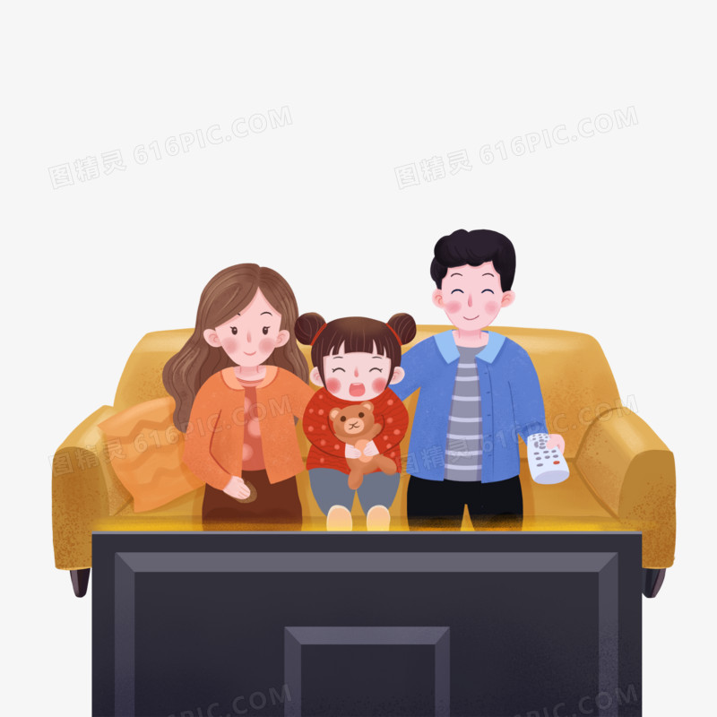 卡通手绘一家人看电视免抠元素