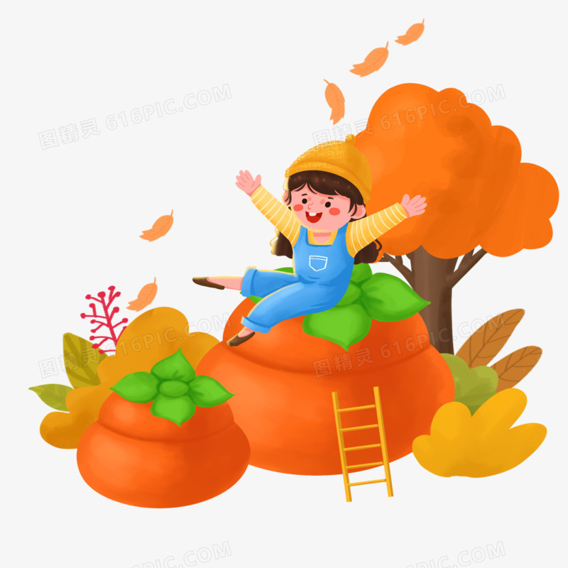 手绘创意插画风女孩坐在大柿子上免抠元素
