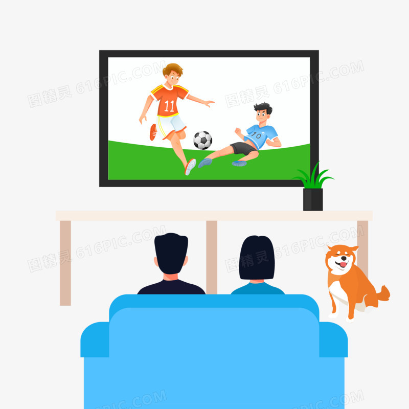 卡通一家人和宠物一起开心欢乐看电视的场景元素
