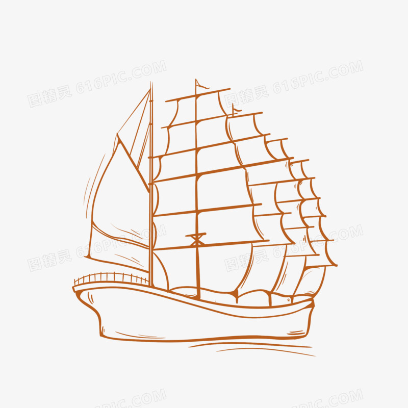 棕色手绘卡通线稿帆船素材
