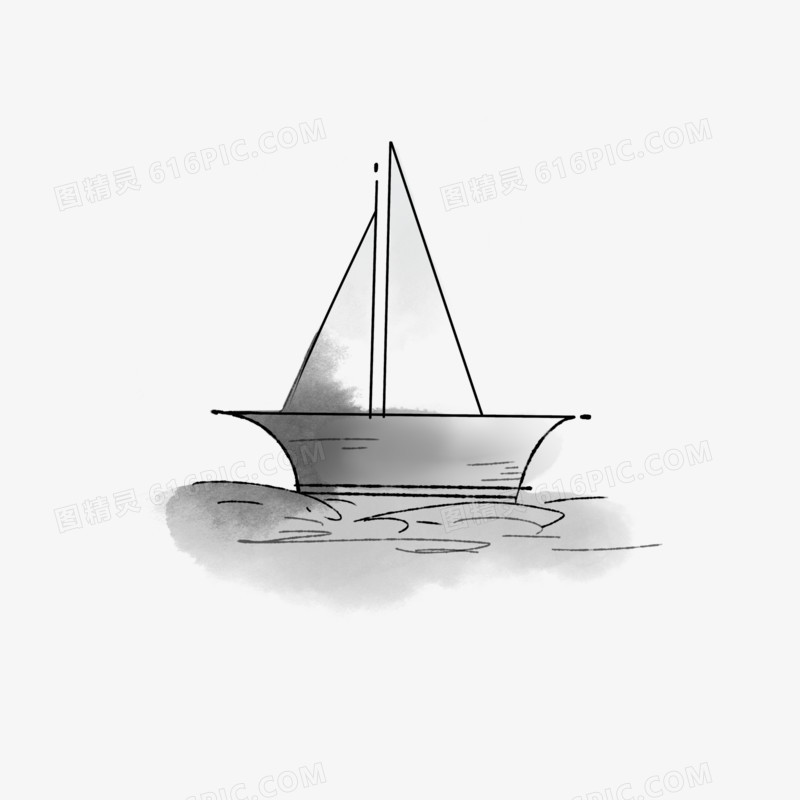 手绘帆船水墨风线稿元素