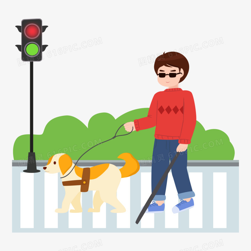 卡通矢量导盲犬带盲人过马路素材