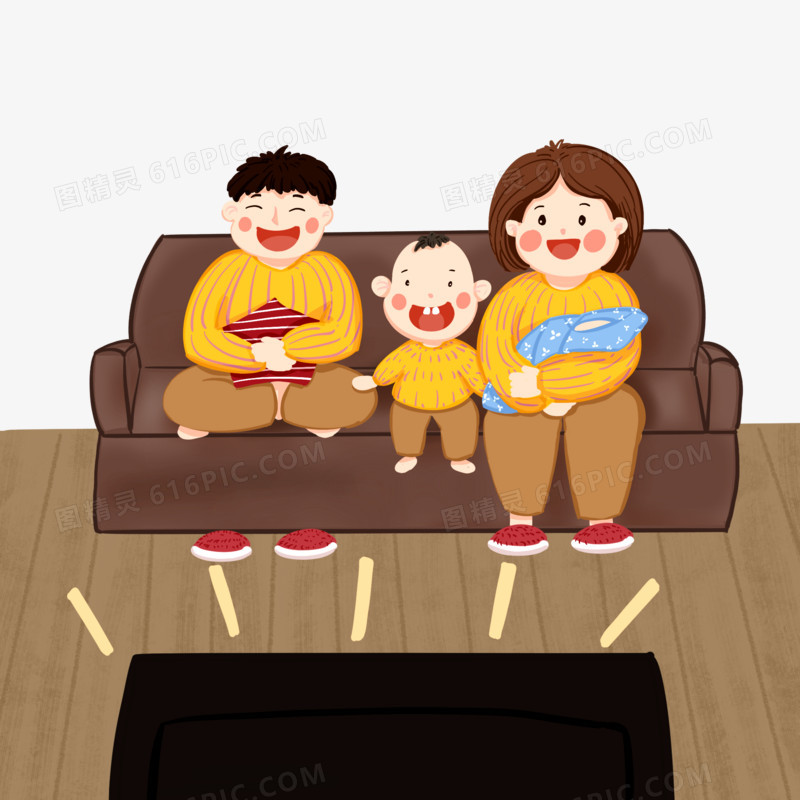 卡通手绘一家人坐在一起看电视元素