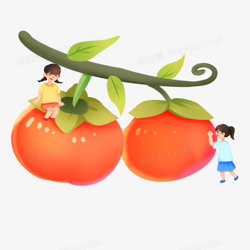 手绘卡通儿童摘柿子微景观免抠素材