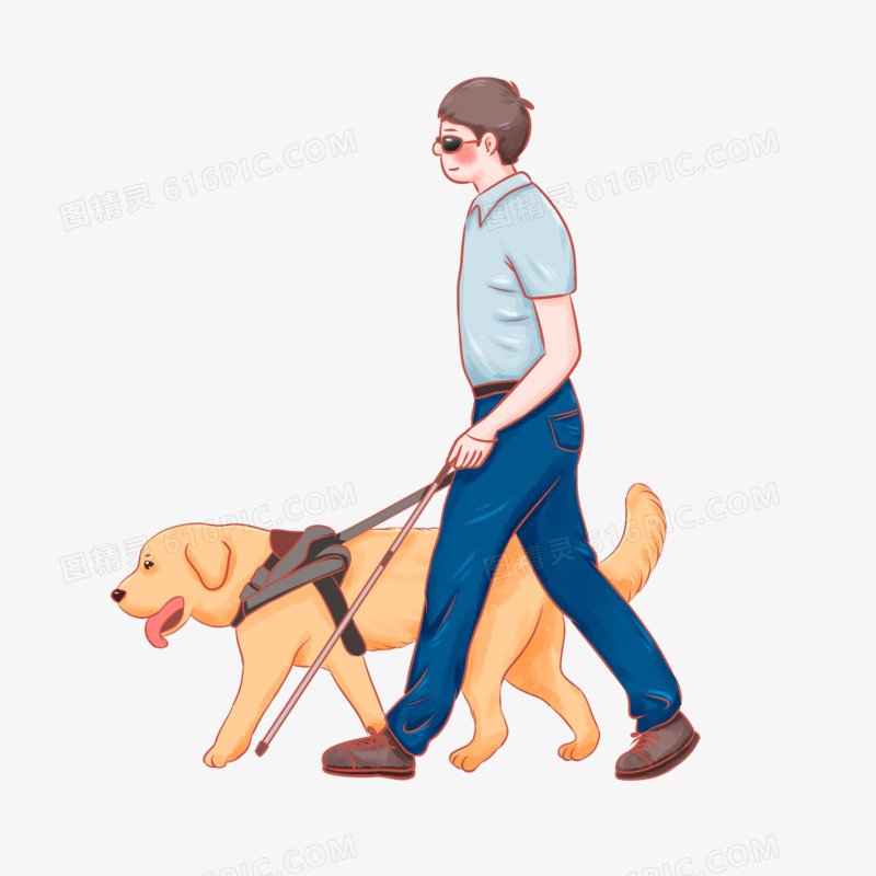 手绘插画风盲人牵着导盲犬常行走元素