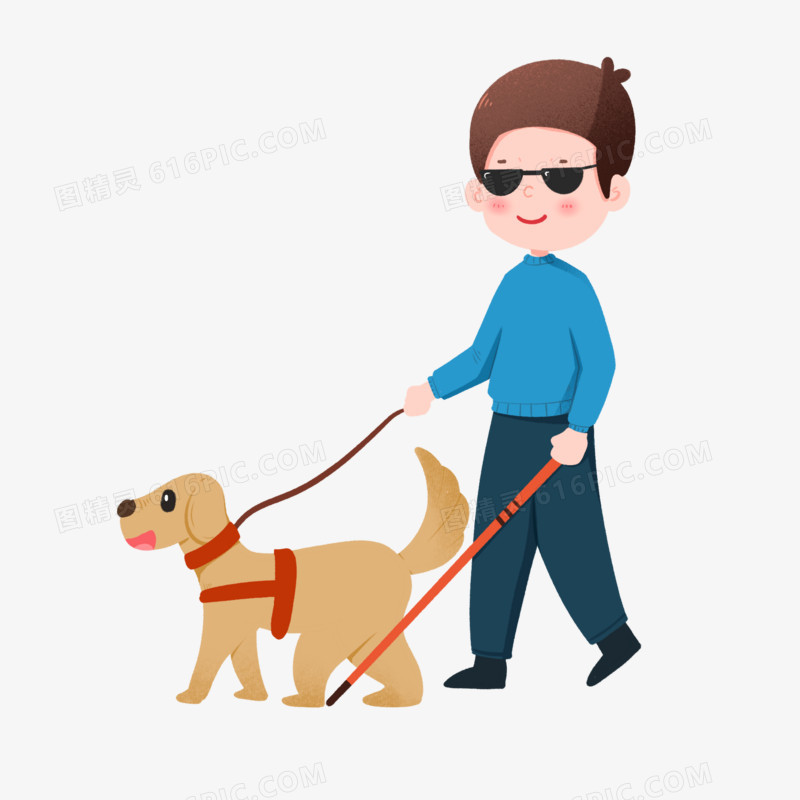 卡通手绘盲人男孩牵着导盲犬免抠元素