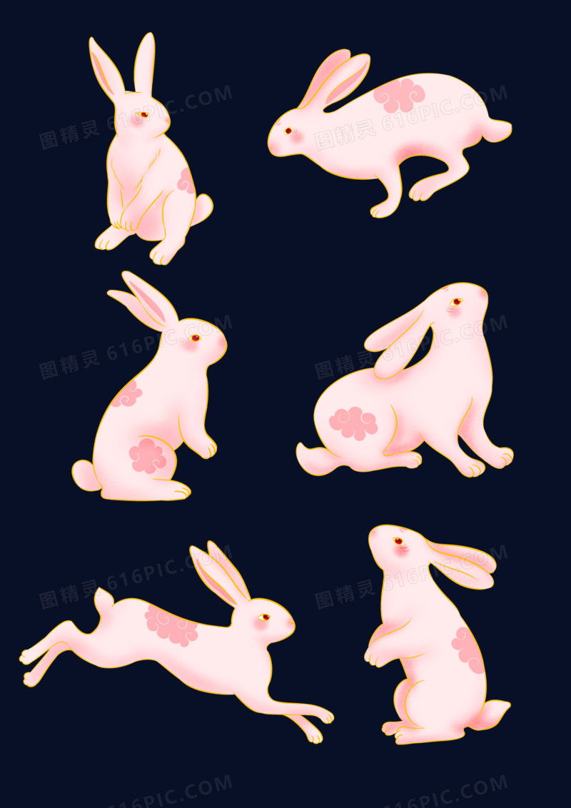 一组手绘国潮风国风兔子形象套图元素