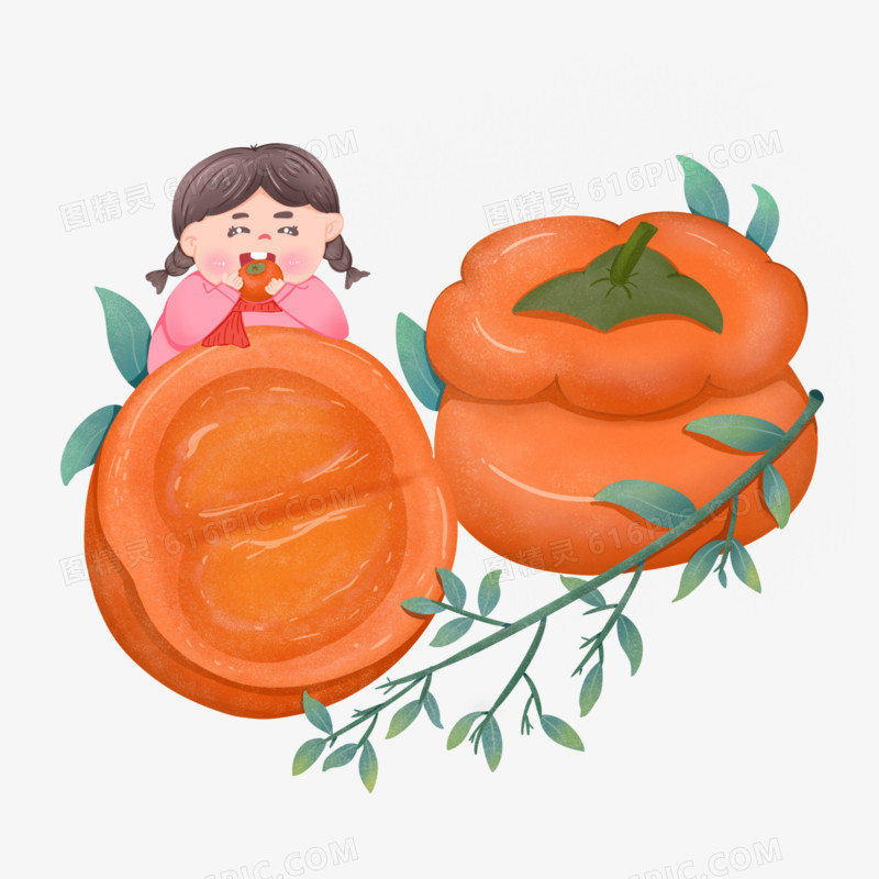 手绘创意女孩吃柿子插画元素