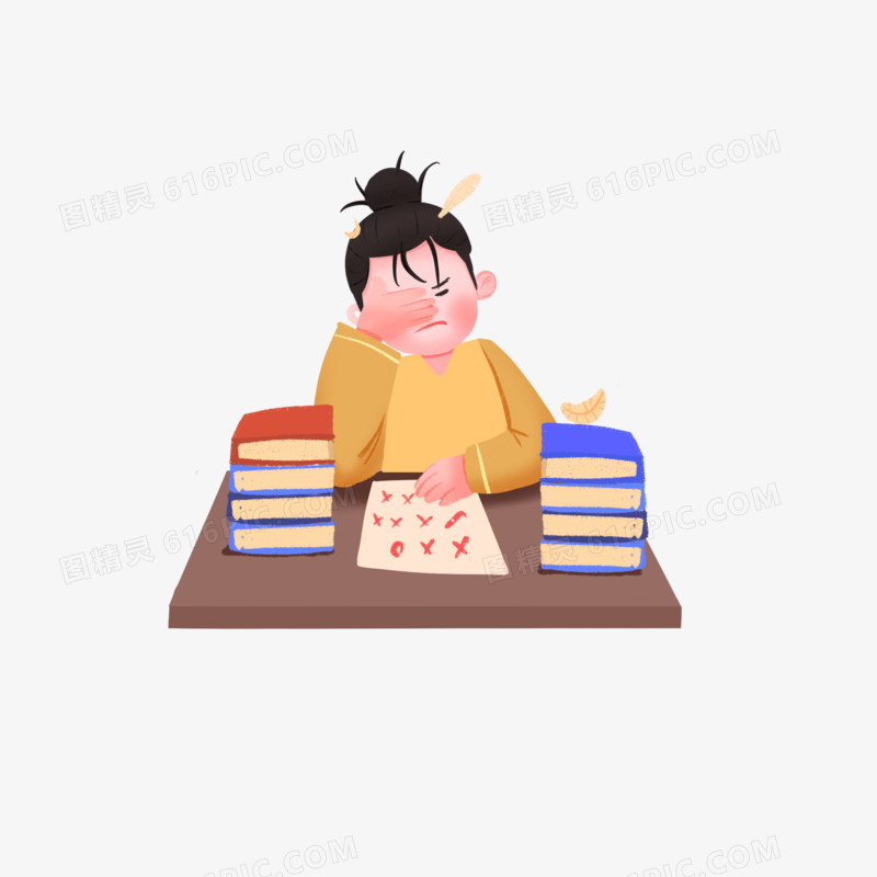 手绘卡通古代学子学习焦虑场景素材