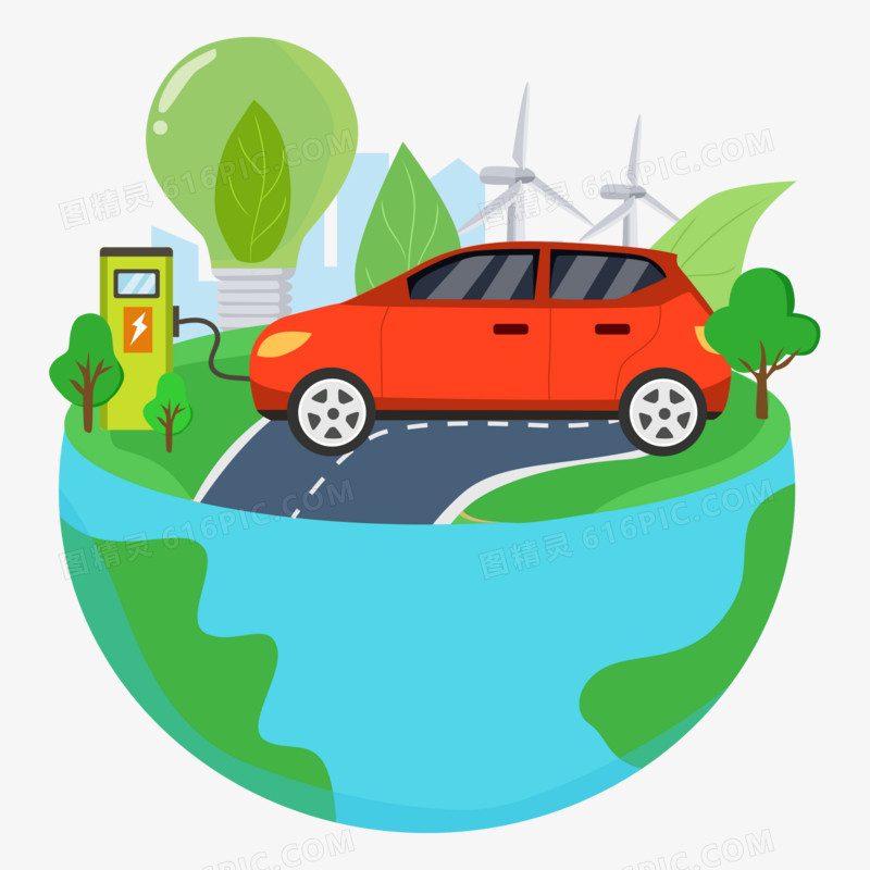 卡通扁平风矢量环保新能源汽车绿色地球素材