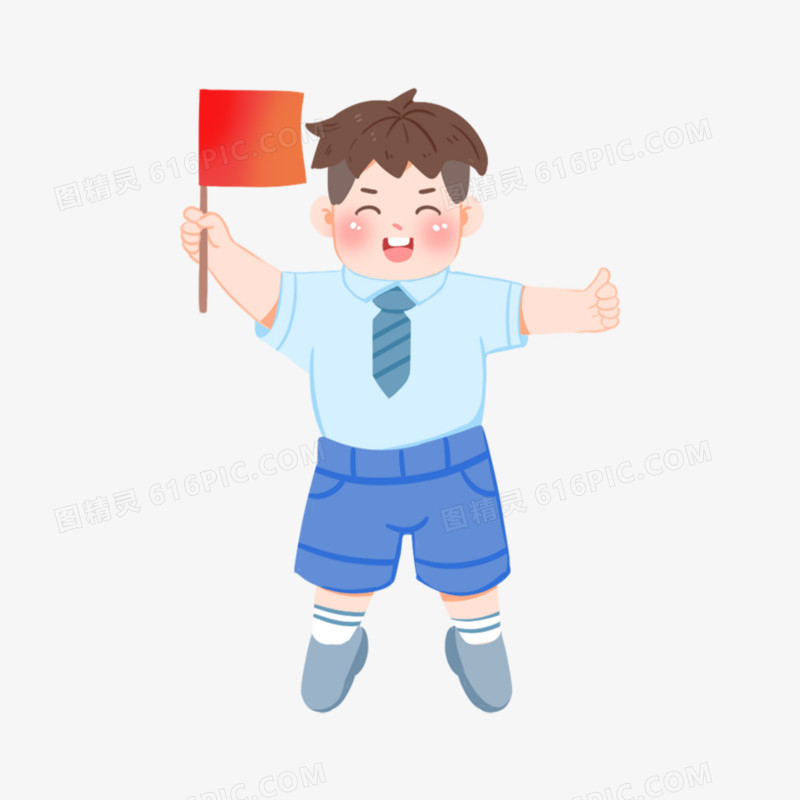 手绘拿旗帜的小男孩卡通免抠元素