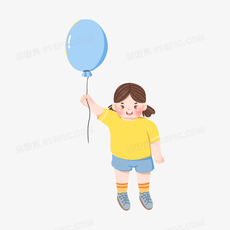 手绘卡通手拿气球的小女孩免抠元素