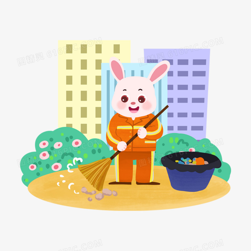 一组手绘插画风兔年不同月份兔兔场景元素之五月扫地劳动节元素