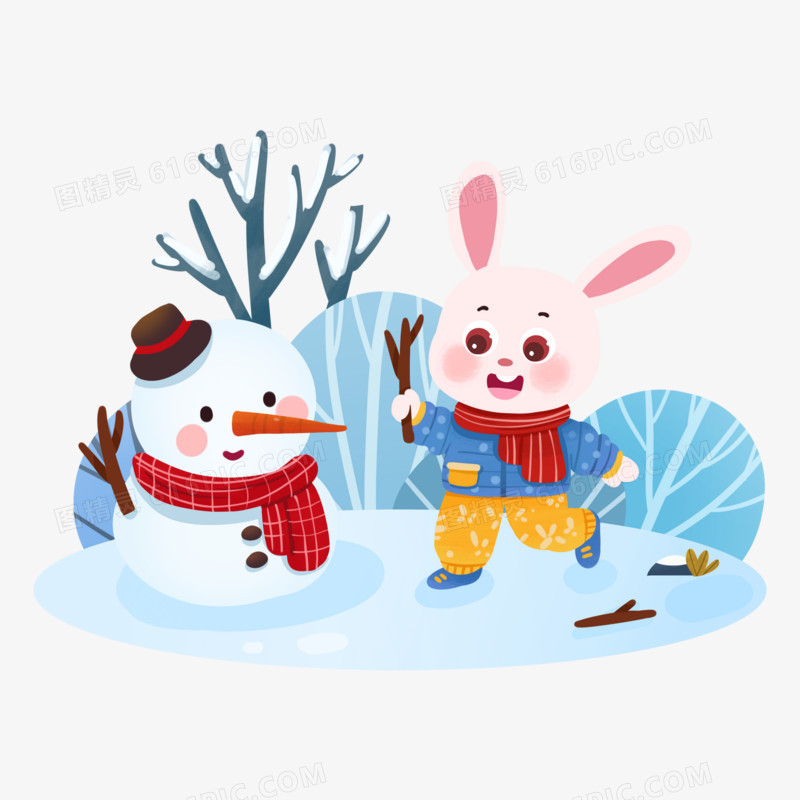 一组手绘插画风兔年不同月份兔兔场景元素之十一月堆雪人元素