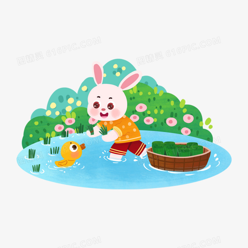 一组手绘插画风兔年不同月份兔兔场景元素之四月种水稻元素