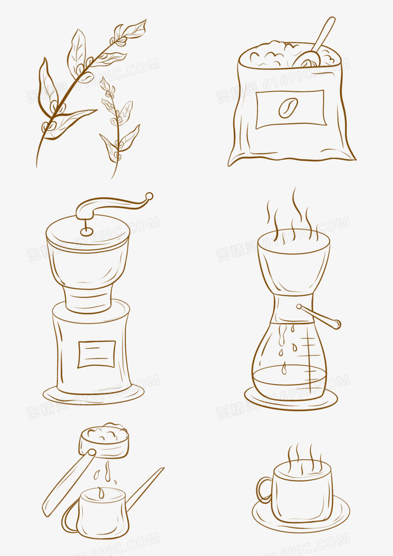 一组手绘线描磨咖啡流程图套图合集素材
