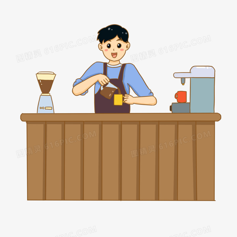 手绘卡通男店员磨咖啡冲咖啡元素