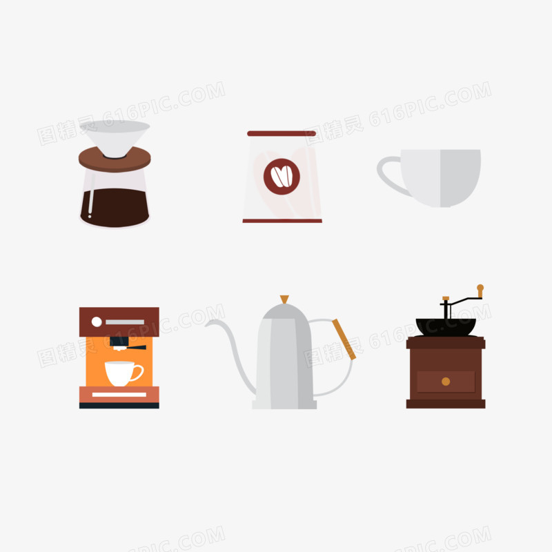 一组手绘扁平咖啡制作工具插画合集元素