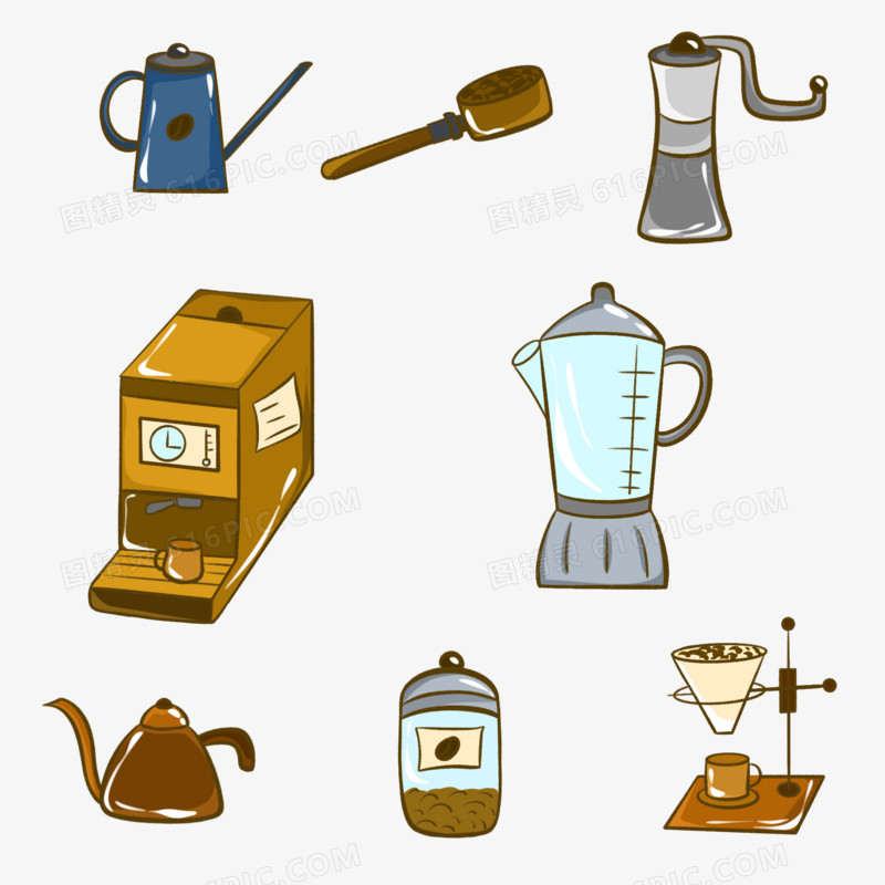 一组卡通制作咖啡的工具合集元素
