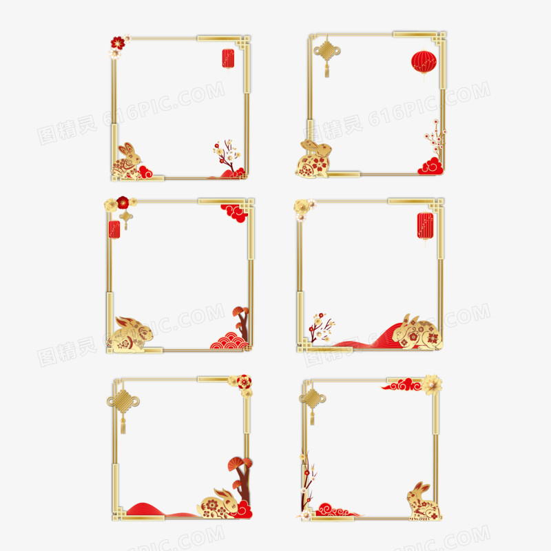 中式红金立体兔年方形边框套图二元素