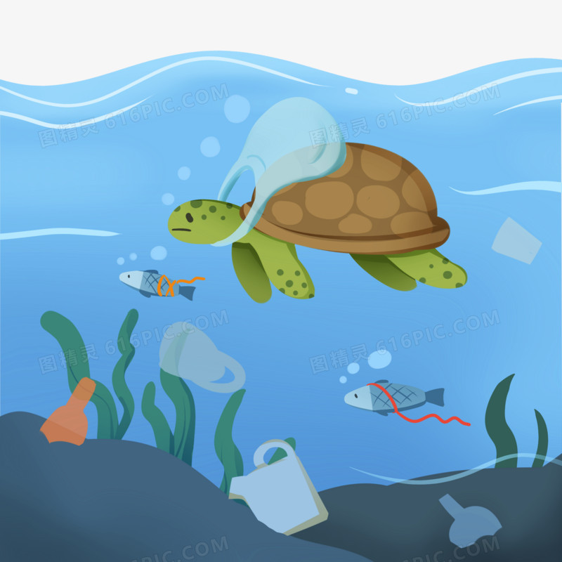 手绘卡通海洋动物被垃圾污染免抠素材