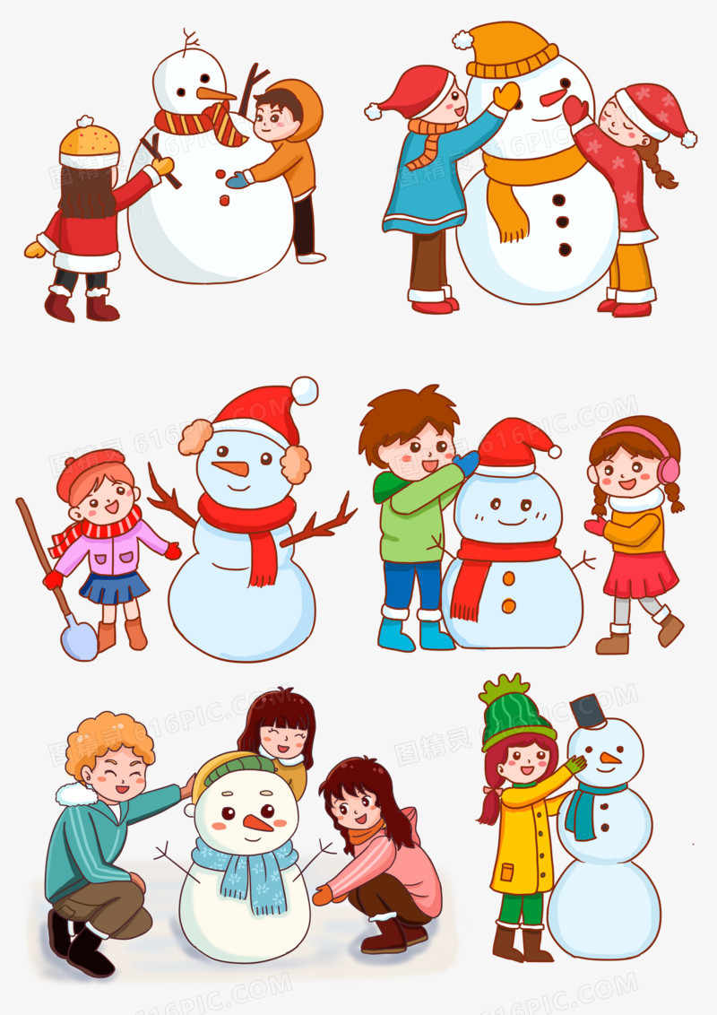手绘卡通儿童堆雪人合集元素