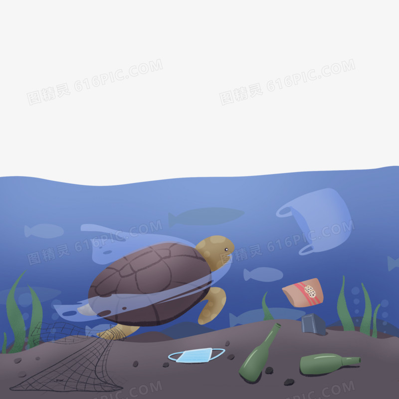 手绘插画风海洋动物被污染素材
