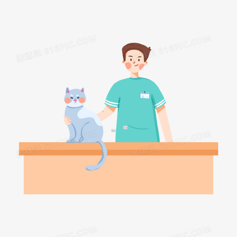 卡通手绘宠物医院导诊台场景插画元素之医生和猫