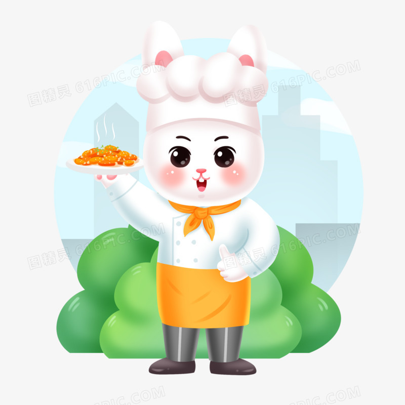 手绘插画风各行各业的职业兔子形象之厨师兔元素