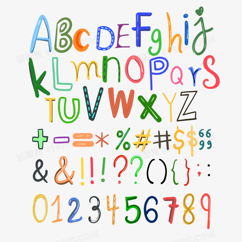 一组可爱手绘涂鸦英文字母数字符号元素