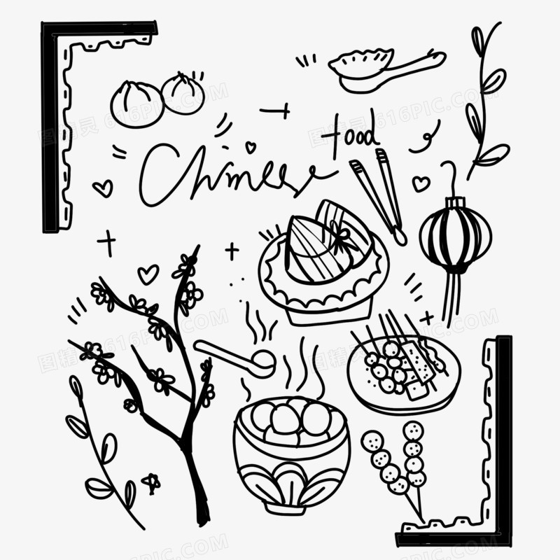 一组黑白中国风美食涂鸦装饰合集素材