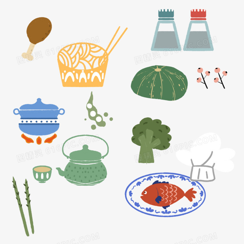 一组手绘插画风中国风美食套图素材
