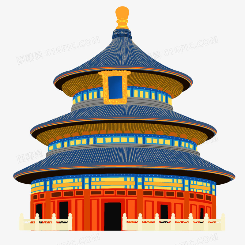 手绘插画风天坛古建筑元素