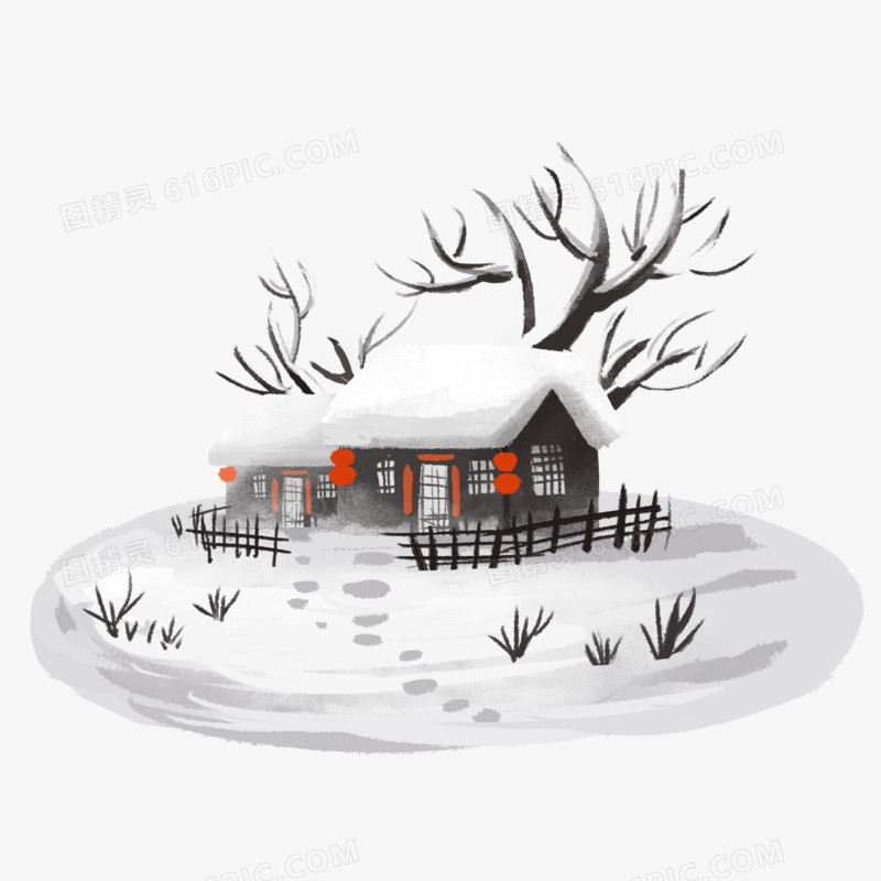 手绘水墨风房子树木雪景手绘元素